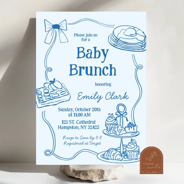 Invitación de brunch para bebé azul con garabatos  (Subido por el creador)