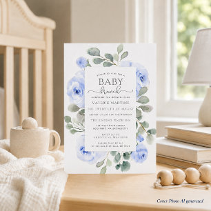 Invitación de brunch para bebé con flores azules d
