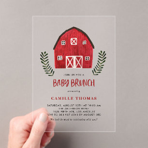 Invitación de brunch para bebé con granero rojo ac