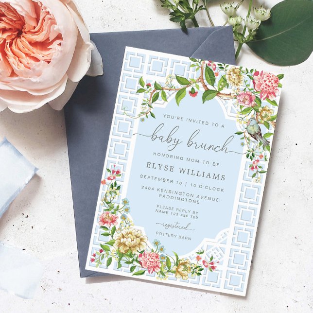 Invitación de brunch para bebé de la Chinoiserie a (Baby Brunch Invitation Trianon Blue)