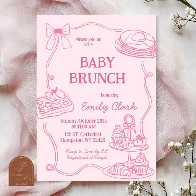 Invitación de brunch para bebé rosa con garabatos  (Subido por el creador)