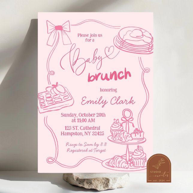 Invitación de brunch para bebé rosa con garabatos  (Subido por el creador)
