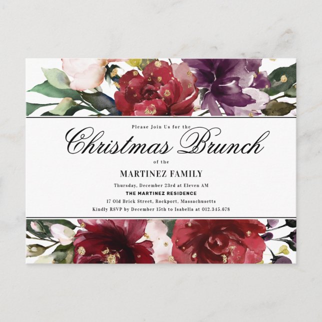 Invitación de brunch para Navidades florales rojos (Anverso)