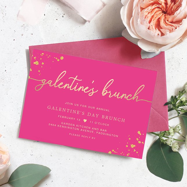 Invitación de brunch por el día de Galentine de or (Galentines Brunch Invitation Hot Pink Paintly Gold )