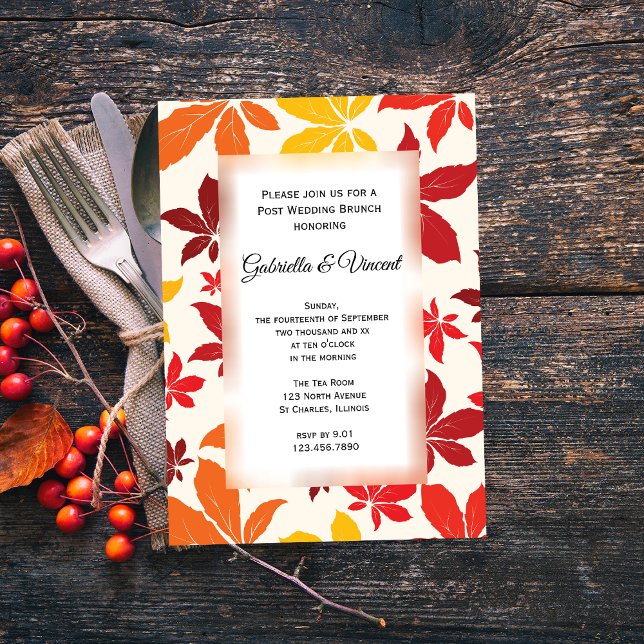 Invitación de Brunch Post Boda con Hojas de Otoño  (Set the tone for your Autumn after marriage event with the Bright Fall Leaves Post Wedding Brunch.)