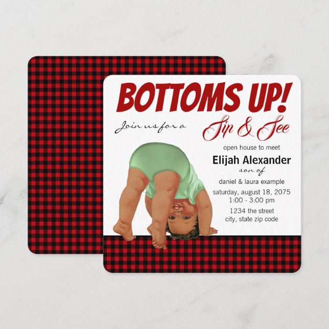 Invitación de Buffalo Plaid Boy Sip and See (Anverso / Reverso)