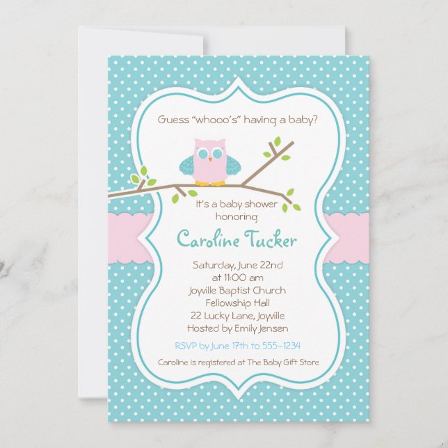 Invitación de búho a Baby Shower - Niña rosa y Aqu (Anverso)