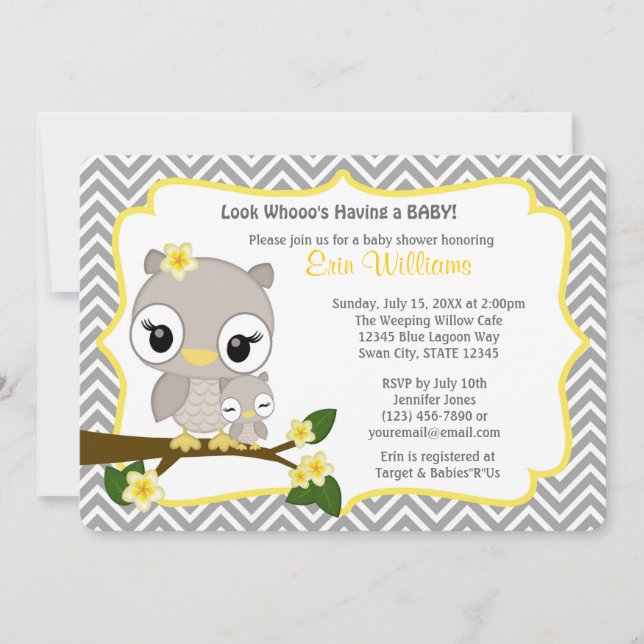 Invitación de búho Baby Shower Chevron Gray Yellow (Anverso)