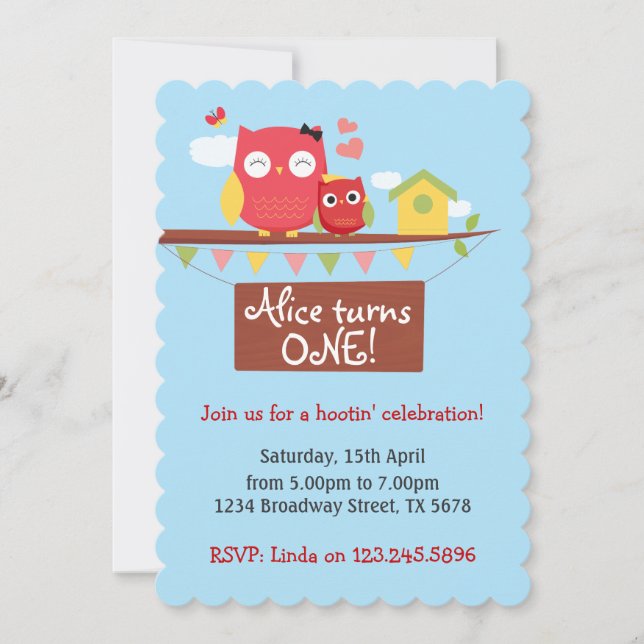 Invitación de búho de primer cumpleaños (Anverso)