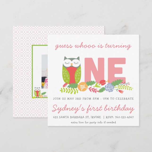Invitación de búho para el primer cumpleaños (Anverso / Reverso)