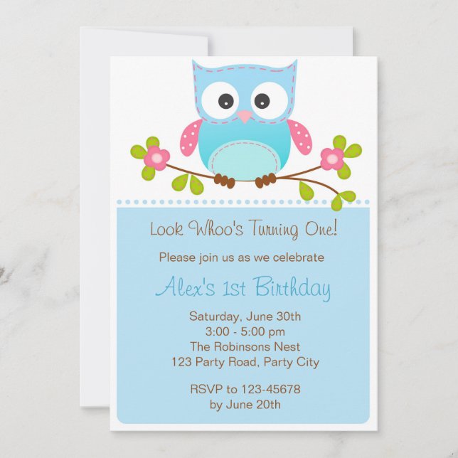 Invitación de búho - Primer cumpleaños del niño/Ba (Anverso)