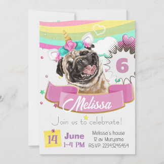 invitación de bulldog, Pug Unicornio Cachorro Cump