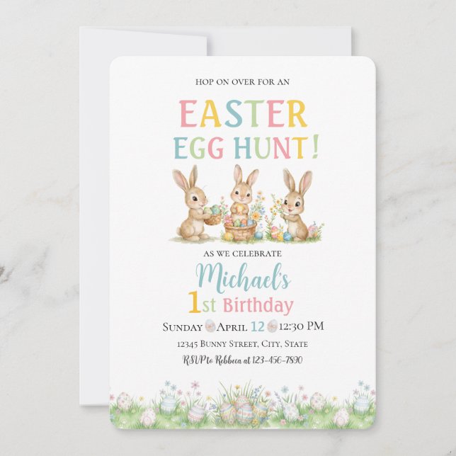 Invitación de búsqueda de huevos de Pascua y 1er c (Anverso)