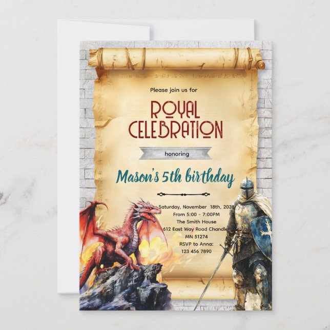 invitación de caballero medieval y dragón (Anverso)