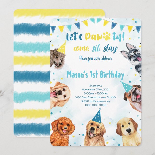 Invitación de cachorro, invitación de cumpleaños d (Anverso / Reverso)