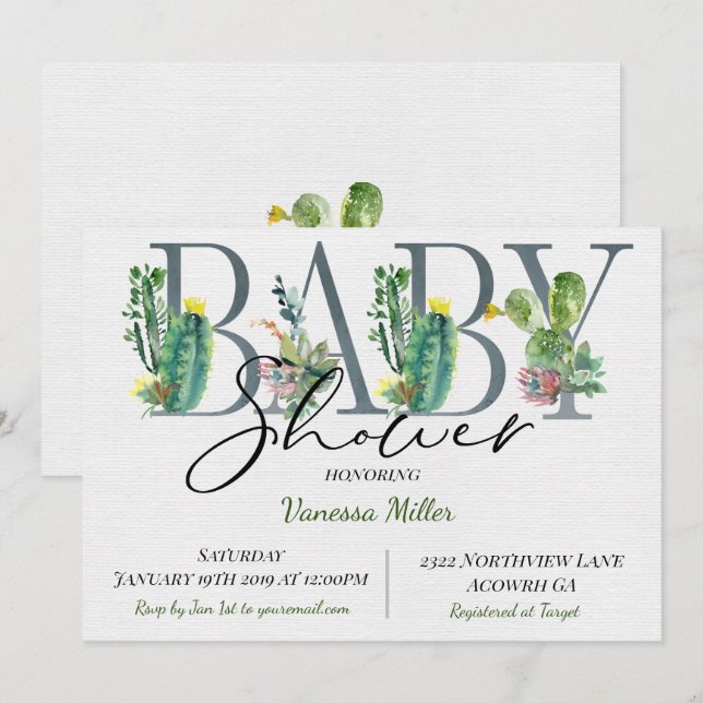 Invitación de Cactus Baby Shower (Anverso / Reverso)