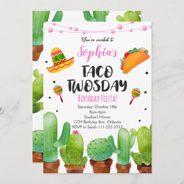 Invitación de Cactus de Acuarela de Fiesta de Taco (Anverso / Reverso)