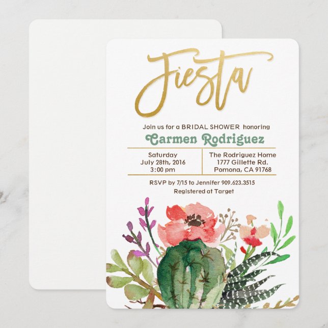 Invitación de Cactus de Despedida de Soltera Fiest (Anverso / Reverso)