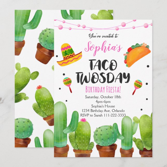 Invitación de Cactus en Acuarela para Fiesta de Ta (Anverso / Reverso)