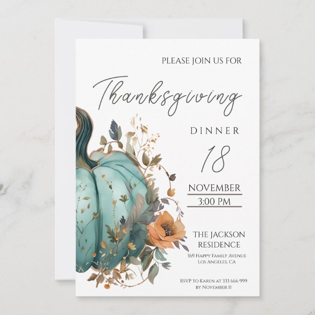 Invitación de calabaza azul a la cena de Acción de (Anverso)
