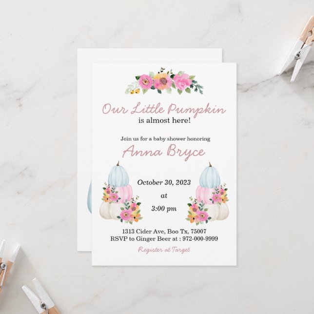 Invitación de calabaza Baby Shower (Anverso/Reverso In Situ)