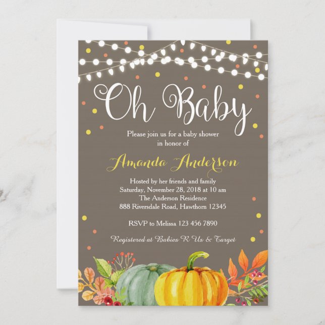 Invitación de calabaza Baby Shower, caída de Baby  (Anverso)