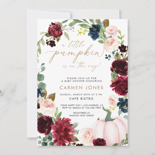 Invitación de calabaza Baby Shower otoño floral (Anverso)