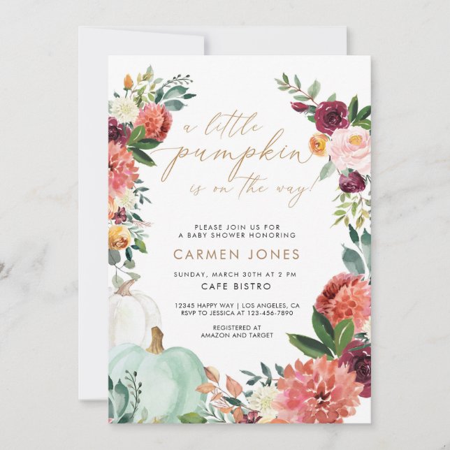 Invitación de calabaza Baby Shower otoño floral (Anverso)