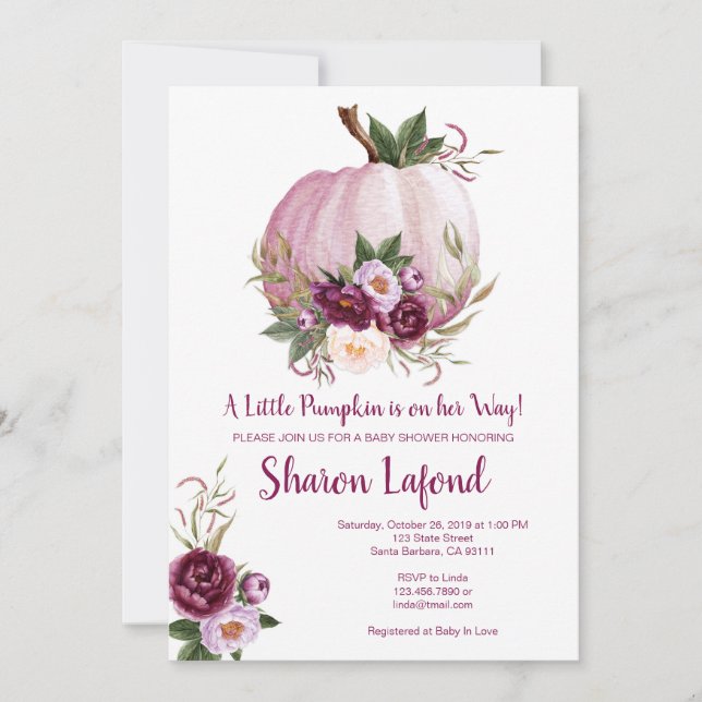 Invitación de calabaza Baby Shower para un Chica (Anverso)