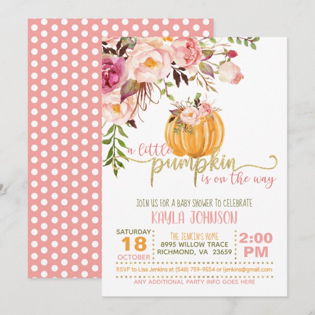 Invitación de calabaza Baby Shower - Puntos Floral (Anverso / Reverso)