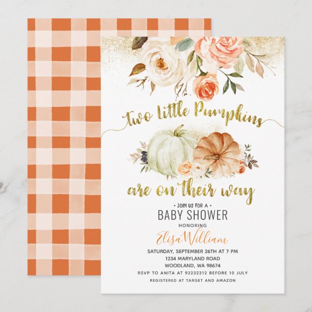 Invitación de calabaza de Coral Florals de otoño (Anverso / Reverso)
