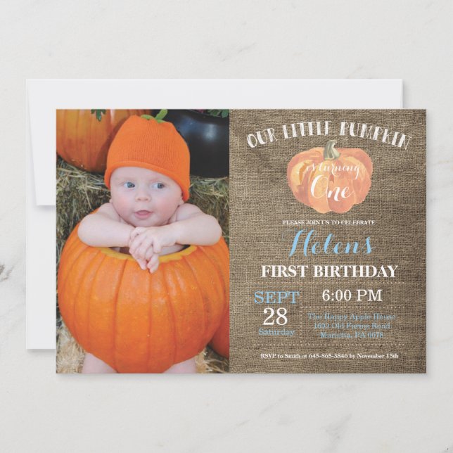 Invitación de calabaza de primer cumpleaños Blue B (Anverso)