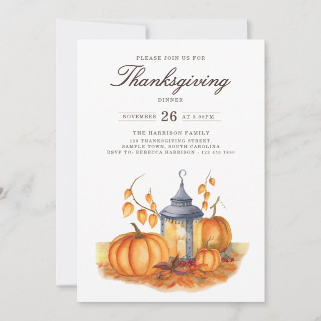 Invitación de calabaza para cena de Acción de Grac (Anverso)