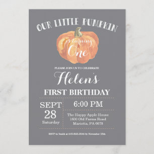 Invitación de calabaza por primer cumpleaños gris