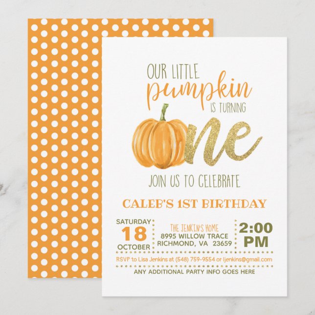 Invitación de calabaza por primer cumpleaños - niñ (Anverso / Reverso)