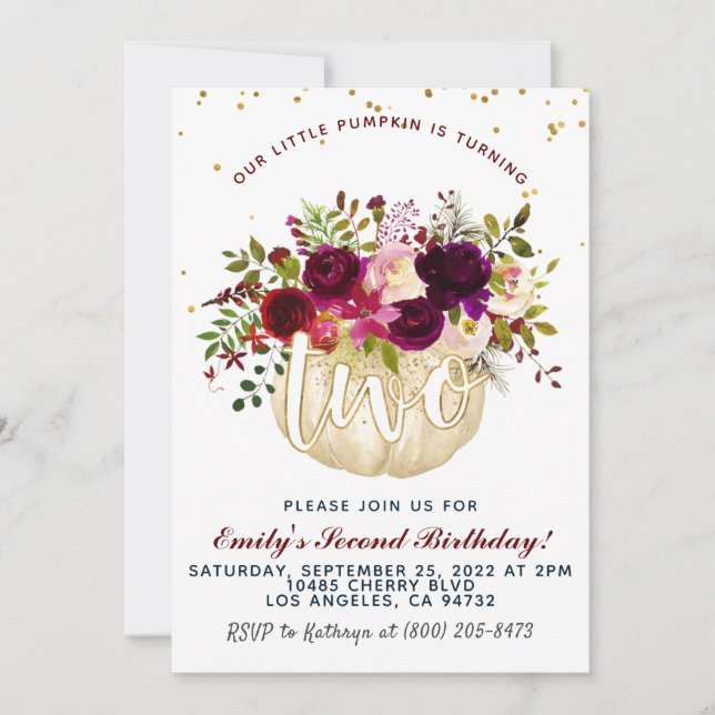 Invitación de calabaza por segundo cumpleaños (Anverso)