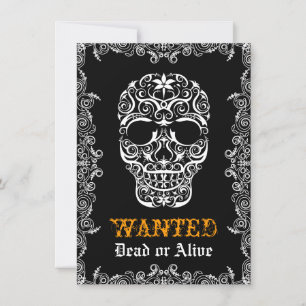 Invitación de Calavera de Halloween Buscado Vivo o