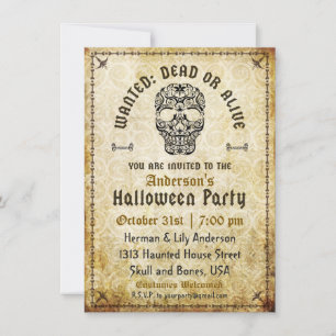 Invitación de Calavera de Halloween Buscado Vivo o