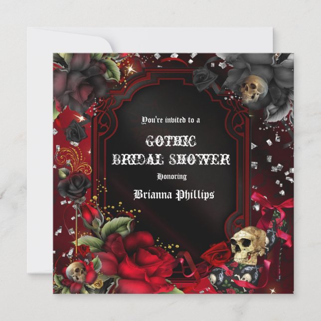Invitación de Calavera Gótica Rosas Negras Rojas B (Anverso)
