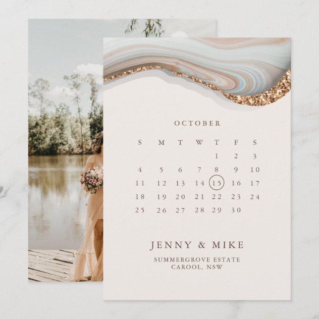 Invitación de calendario de mármol para guardar la (Anverso / Reverso)