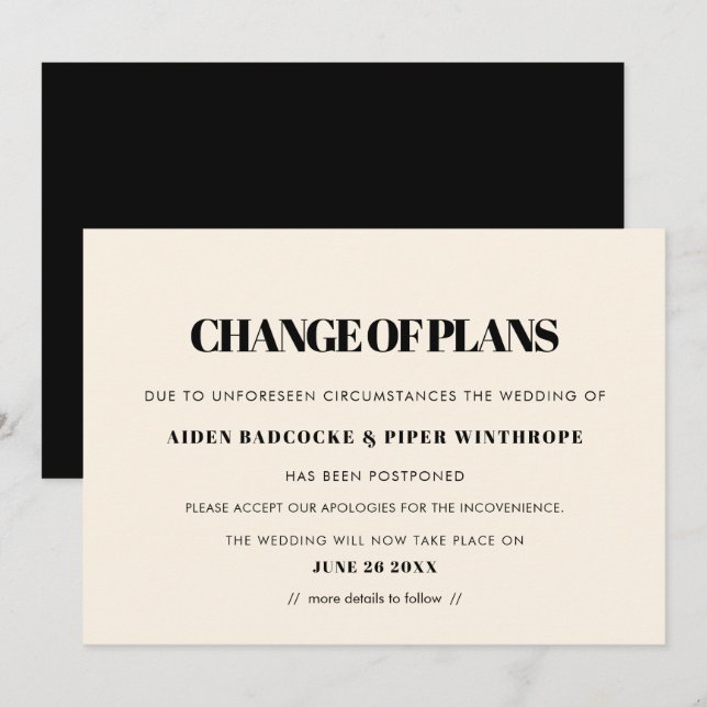 Invitación de cambio de fecha de boda simple y de  (Anverso / Reverso)