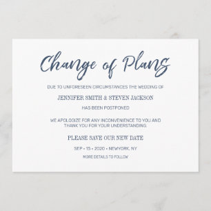 Invitación de cambio de planes de escritura azul d