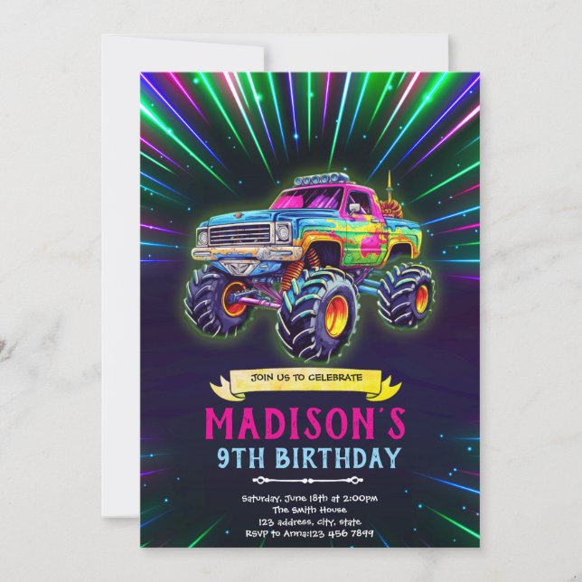 invitación de camión monstruo de neón luminoso (Anverso)