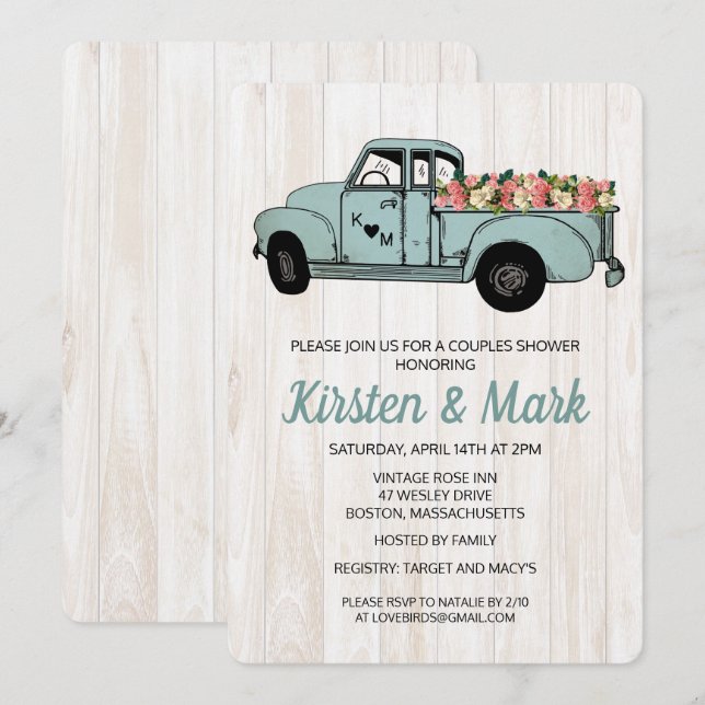Invitación de camioneta pickup para ducha de parej (Anverso / Reverso)