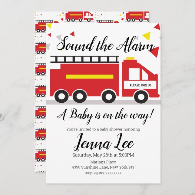 Invitación de camionetas Baby Shower de Fire Truck (Anverso / Reverso)