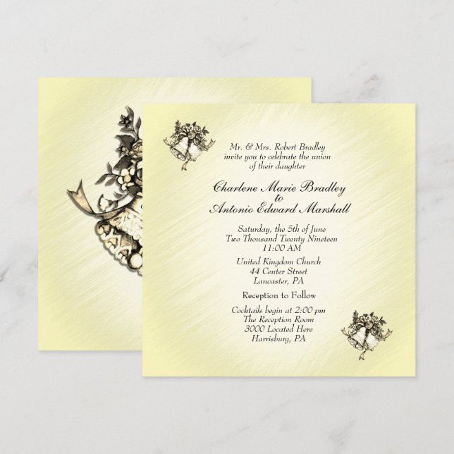 Invitación de Campanas de Boda Amarillas (Anverso / Reverso)