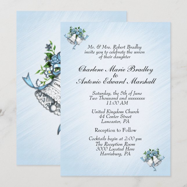 Invitación de Campanas de Boda Azules (Anverso / Reverso)