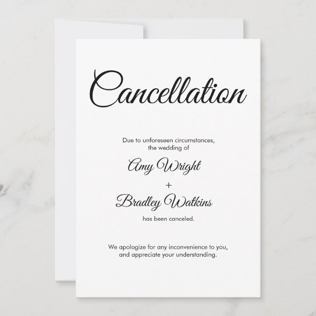 Invitación de cancelación boda Tarjeta elegante (Anverso)
