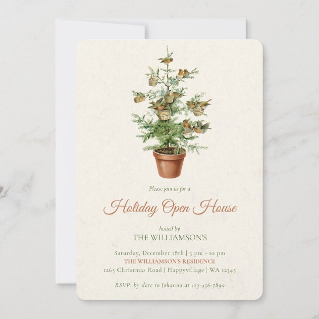 Invitación de Casa Abierta de Navidad con Árbol y  (Anverso)