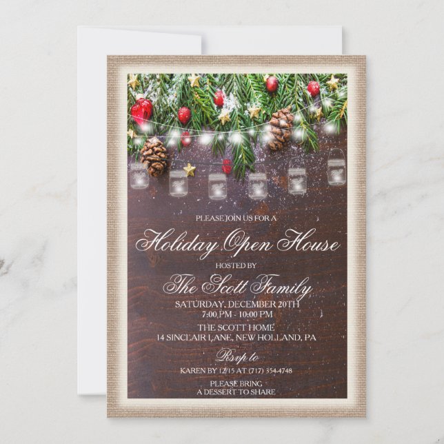 Invitación de Casa Abierta de Navidad Rústica (Anverso)
